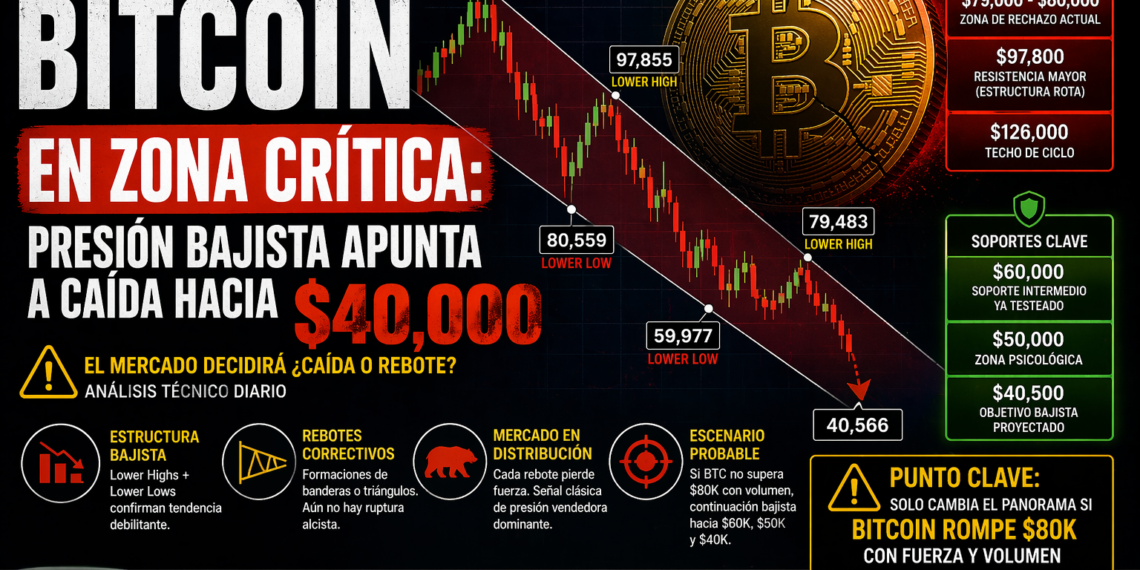 Bitcoin en zona crítica: presión bajista apunta a caída hacia los $40,000